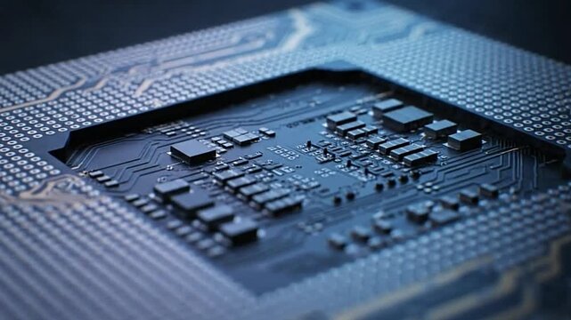 A closeup of a computer chip with visible components and patterns