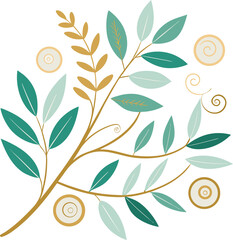 Pale beige and sage leaf branches in alternating arrangements, highlighted with metallic gold spirals and dotted embellishments.