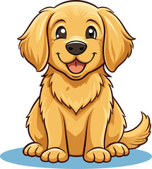 Smiling Golden Retriever puppy with floppy ears and shiny fur sitting obediently, soft shadows and detailed fur strokes. Clean vector design for children's products.