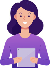 Smiling woman with medium-length hair and purple top holding a tablet with both hands. Flat color illustration for online learning or communication themes.