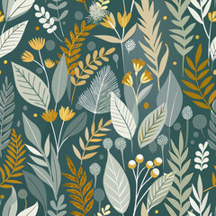 Wild meadow foliage in abstract gray-green form with clustered gold accents, vectorized in a smooth, seamless tiling pattern.