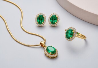 Emerald and diamond jewelry set on a light surface