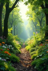 Obraz premium vibrant eco restored landscapes flourishing rich biodiversity lush greenery after climate recovery, meadow, flora, habitat, vale, valley, arrangement
