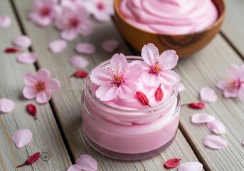 Pink cream in a jar decorated with cherry blossoms