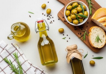 Olive oil bottles with olives, rosemary, and bread