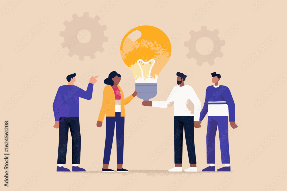 Poster diverse team collaborates to share a bright idea represented by a glowing lightbulb and gears