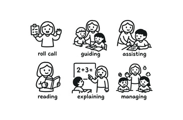 hand drawn cute doodle style line isolated on white background substitute teacher (activities): roll call guiding assisting reading explaining managing