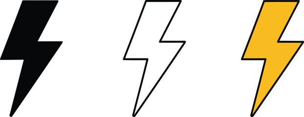 Three stylized lightning bolt icons in black white outline and yellow colors isolated on transparent background