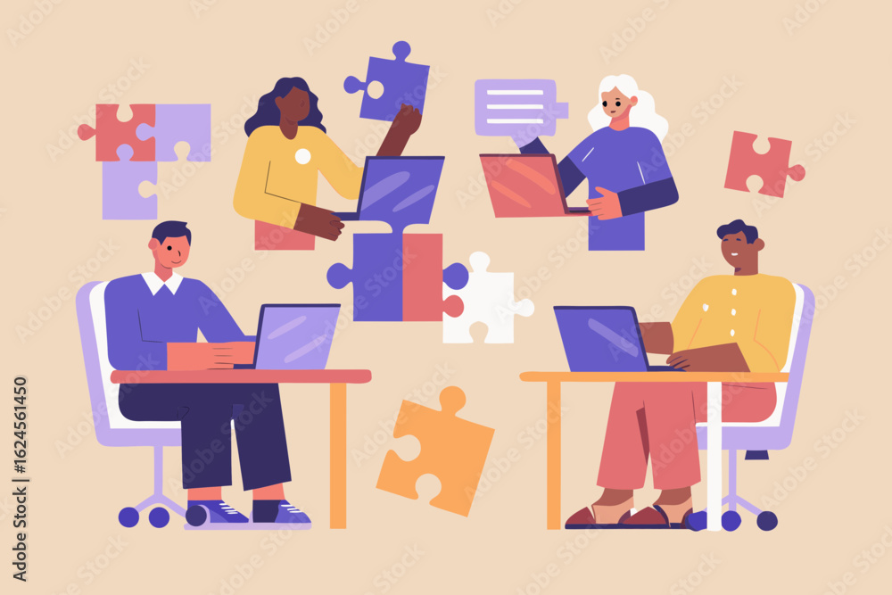 Poster diverse team collaborating on a project using laptops and puzzle pieces symbolizing teamwork and pro