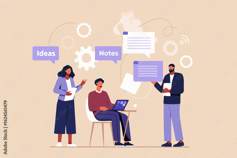 Poster diverse team collaborating on ideas and notes during a business meeting with abstract elements