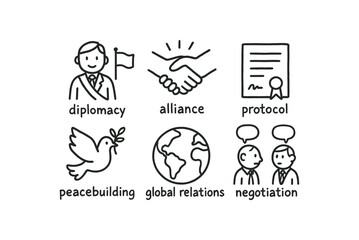 hand drawn cute doodle style line isolated on white background foreign ambassador (concepts): diplomacy alliance protocol peacebuilding global relations negotiation