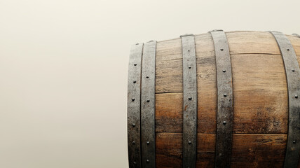 Close-up of a vintage wooden barrel with metal bands.