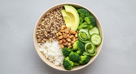 Top of view Healthy vegan power food on bowl contain quinoa, avocado, and green vegetables. A balanced plant-based meal concept for clean eating.