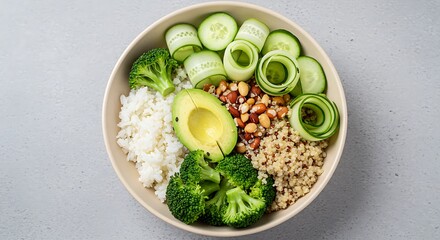 Top of view Healthy vegan power food on bowl contain quinoa, avocado, and green vegetables. A balanced plant-based meal concept for clean eating.