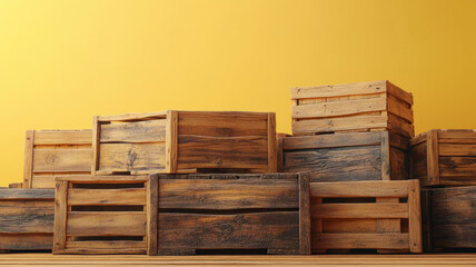 Stacked wooden crates against a vibrant yellow backdrop.