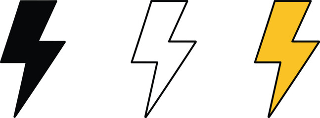 Three stylized lightning bolt icons in black white and yellow isolated on transparent background