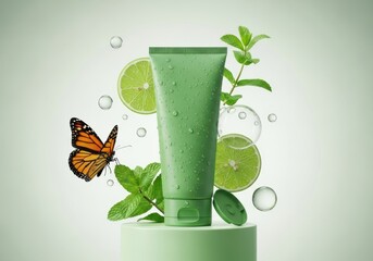 Green cosmetic tube with mint, lime, and butterfly