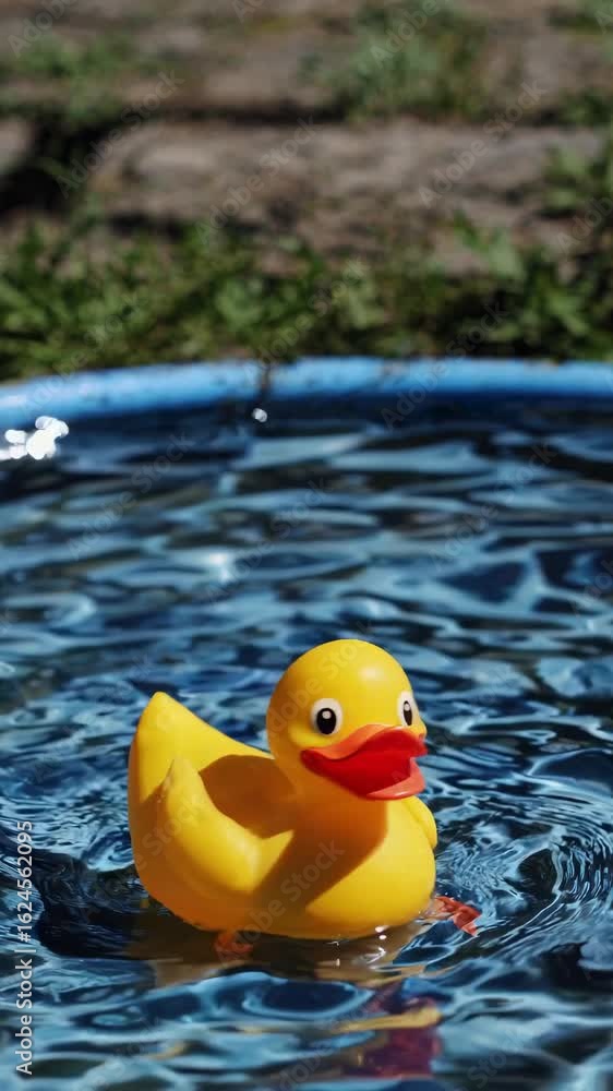 Poster a close-up, eye-level shot of a yellow rubber duck floating in a small pool, capturing playful vibes