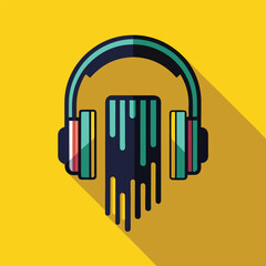 Stylized headphones with colorful accents and dripping paint effect on a vibrant yellow background, representing music, audio, and creativity with a long shadow, isolated on white background