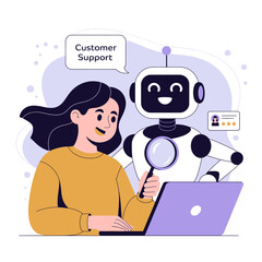 Hiring set. Character and intelligence robot working together. Business recruitment process, job searching, employee evaluation concept. Vector illustration.
