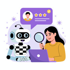 Hiring set. Character and intelligence robot working together. Business recruitment process, job searching, employee evaluation concept. Vector illustration.
