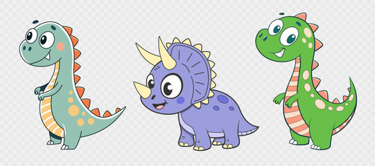 Cartoon set of cute dinosaurs in bright colors. Fun illustration for kids’ products, posters, clothing, and book illustrations. Vector illustration EPS10.