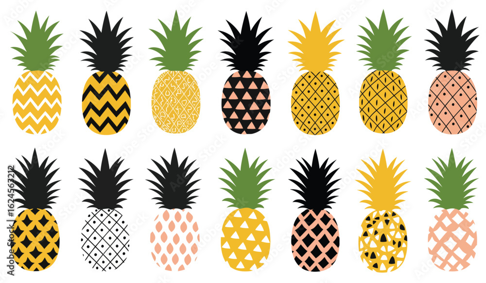 Poster collection of decorative pineapples with geometric patterns isolated on transparent background