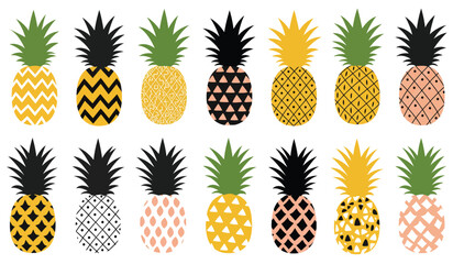 Collection of decorative pineapples with geometric patterns isolated on transparent background