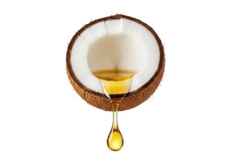 Coconut oil dripping from a halved coconut isolated on white background