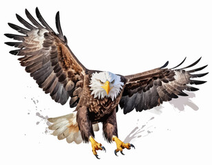 The eagle's sharp, hooked beak is a vibrant yellow, and its eyes are a piercing yellow, giving it an intense and focused expression 