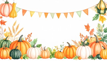 Fall Festival Pumpkins  Cultural Watercolor Concept. Autumn-themed pumpkin and leaf illustration with festive bunting.