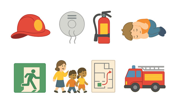Kids' Fire Safety Icons. Flat vector mini-illustrations Fire safety education for kids in colors children's