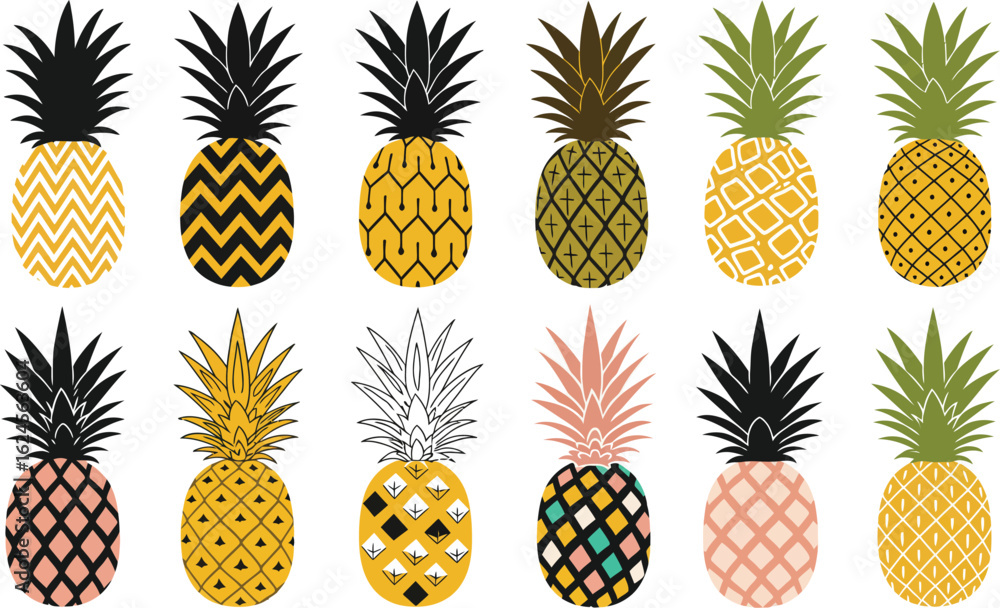 Aufkleber collection of twelve decorative pineapples with unique patterns and colors isolated on transparent b