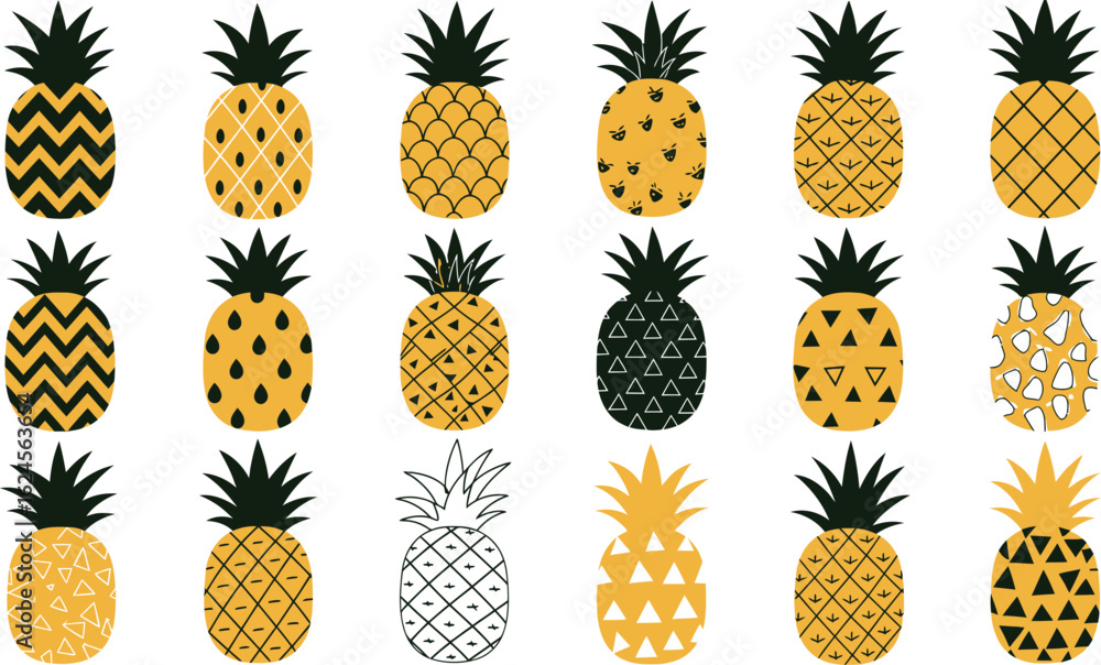 Poster collection of decorative pineapples with various patterns and colors isolated on transparent backgro