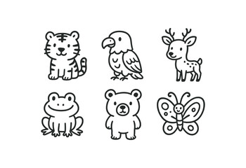 hand drawn cute doodle style line isolated on white background wildlife photographer (subjects): tiger eagle deer frog bear butterfly