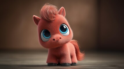 Cute cartoon red fire horse with big blue eyes - Symbol of 2026. Blurred background. Soft, warm tones.