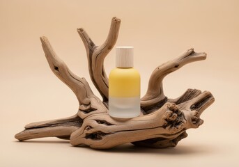 Yellow cosmetic bottle on a driftwood branch
