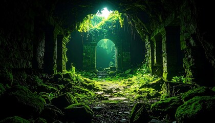 Exploring Ancient Ruins Covered in Green Moss and Vegetation