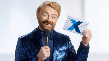 Flamboyant comedian entertainer in shimmering blue sequined suit holding microphone and envelope with theatrical expression satirical parody of cheesy television game show host performer.
