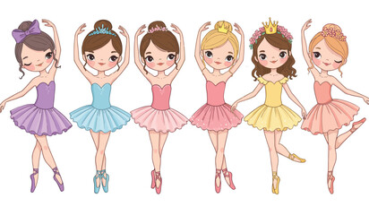 Collection of five adorable cartoon ballerinas in tutus and ballet shoes isolated on transparent background