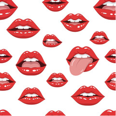 A Repeating Pattern of Red Lips in Various Expressions