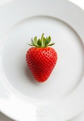 Single strawberry on a white plate.