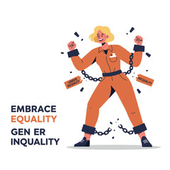 Woman triumphantly breaks free from chains symbolizing gender inequality, embracing equality.