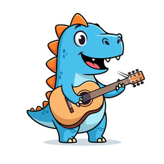 Cartoon Blue Dinosaur Playing Acoustic Guitar with Orange Spikes and Happy Expression