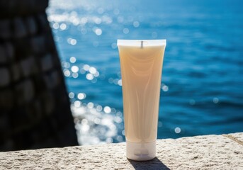 Sunscreen tube by the ocean on a sunny day