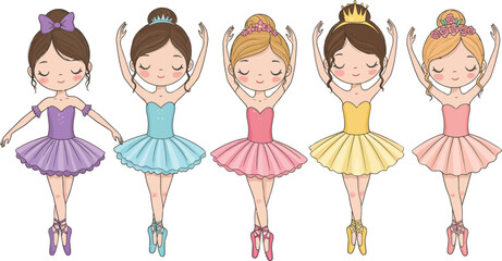 Five cute cartoon ballerinas in colorful tutus and ballet shoes performing a dance isolated on transparent background © rsvect02
