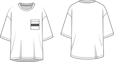 Technical flat sketch of men's striped swim shorts in light grey, featuring an elasticated drawstring waist and a back patch pocket with flap, for casual summer swimwear.