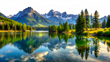 mountain lake reflection, isolated on white background, png, ai generated.