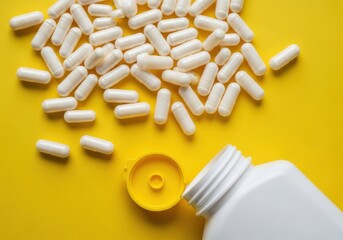 White medicine capsules scattered on a yellow background