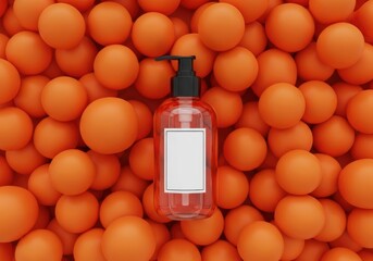 Clear pump bottle with white label amidst oranges